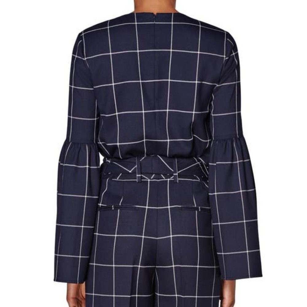 NEW SUISTUDIO Dixon Blouse Long Sleeve Bell Trim Windowpane Checkered Navy White - Picture 4 of 4